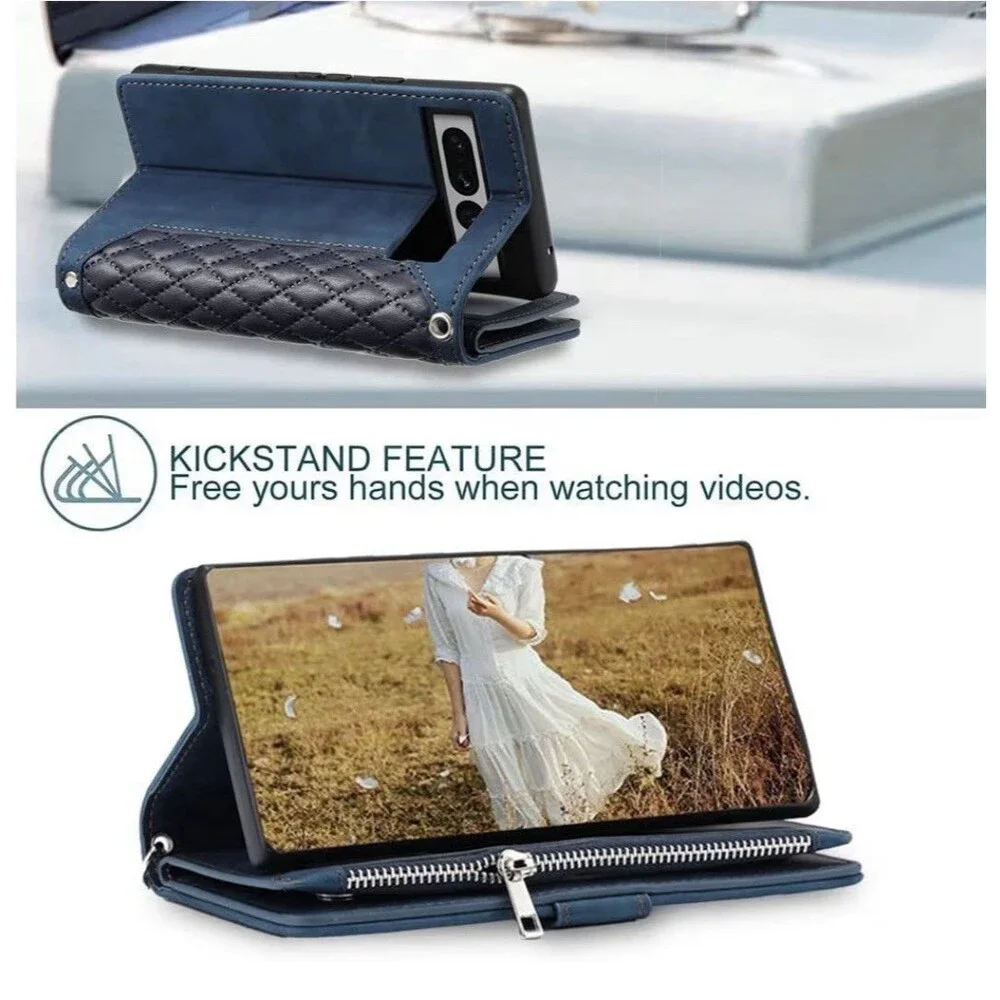 Wallet Phone Case for Google Pixel 7A Blue Flip Cover Stand Card Holder Wristlet